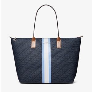 NWT MICHAEL KORS TRAVEL LARGE LOGO STRIPE TOTE ADMIRAL SKY BLUE 35T0STFT3B